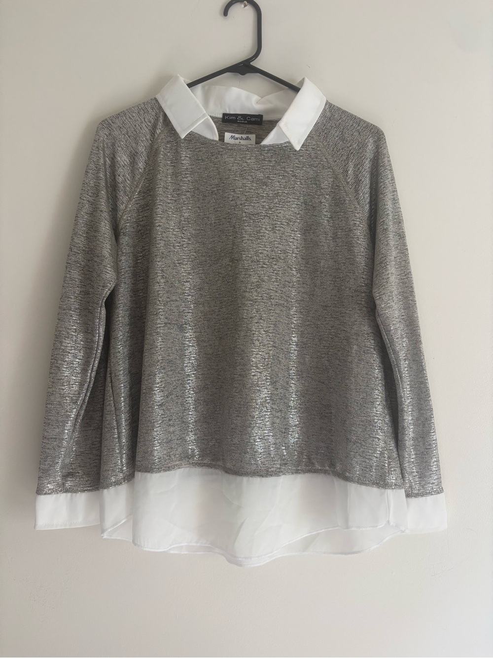 Kim & Cami Silver Metallic Crewneck Sweater with White Shirt Detail